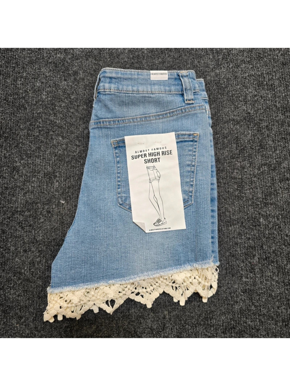 NWT Almost Famous Super High Rise Denim Shorts Lace Trim Distressed Light Wash 5